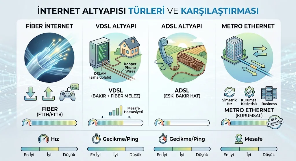 İnternet Altyapısı Türleri Nelerdir? Fiber, VDSL, ADSL ve Metro Ethernet Karşılaştırması